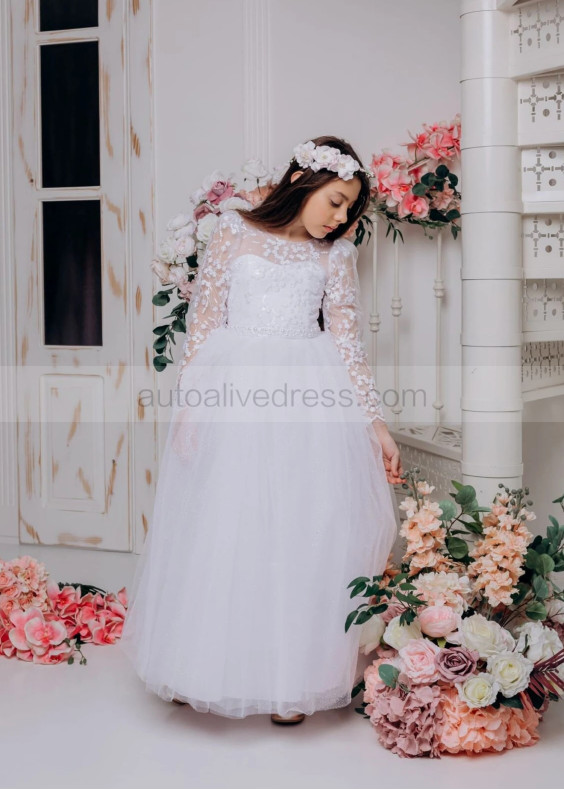 White Lace Tulle Sparkly Flower Girl Dress